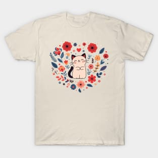 Cute Kitty Cat with colorful Flowers | Kawaii Kitty cat | Cat Lover Design T-Shirt